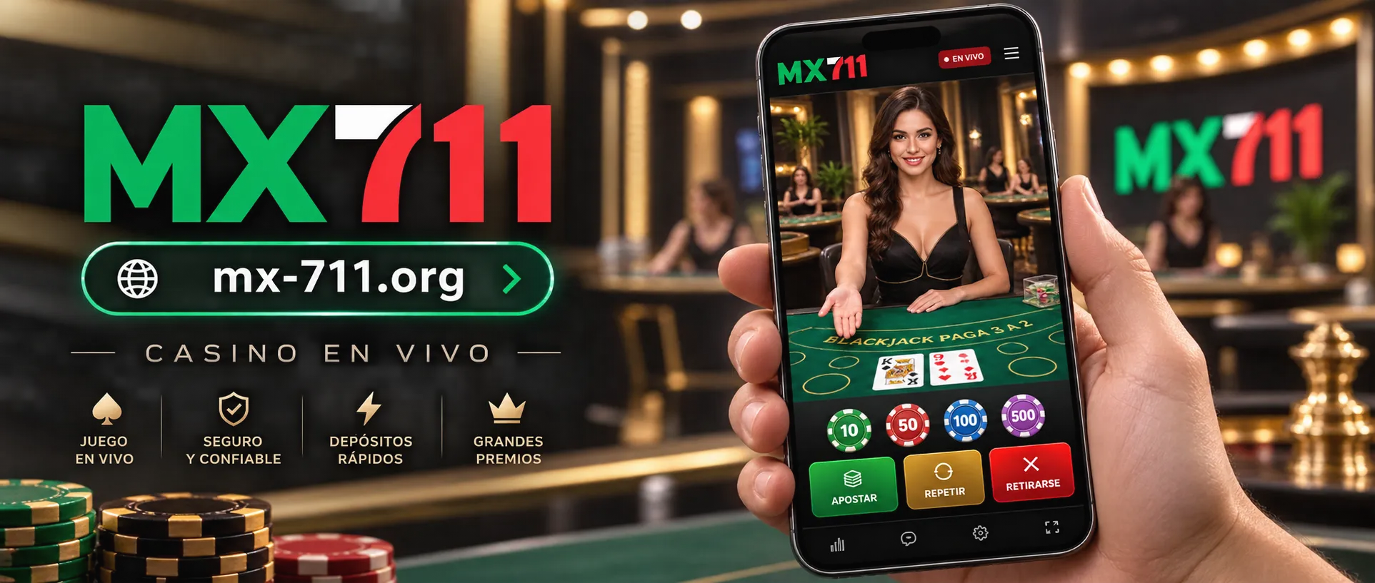 Interfaz de casino en vivo con crupier real en dispositivo móvil