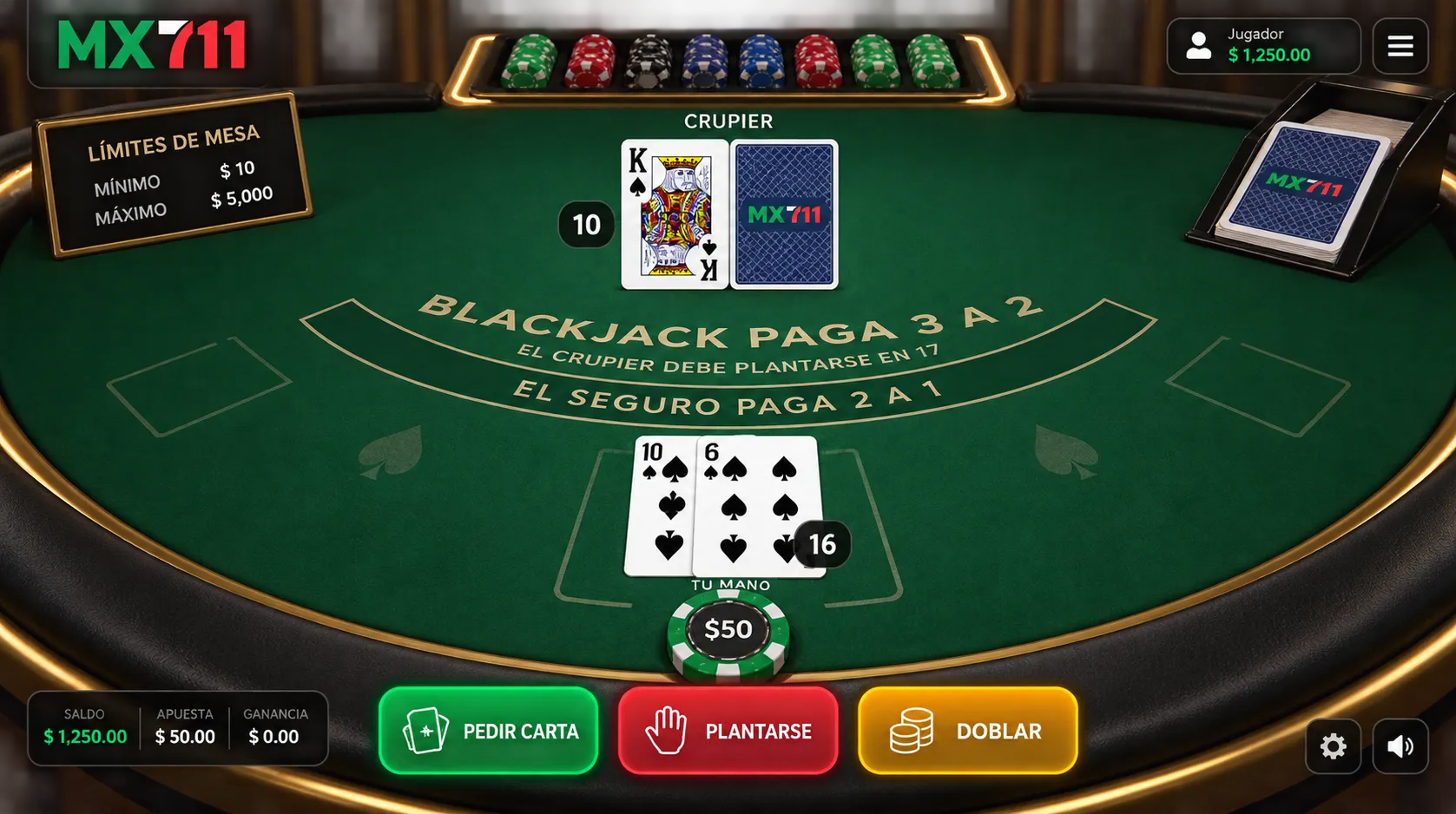 Opciones de decisión básicas en mesa de blackjack digital