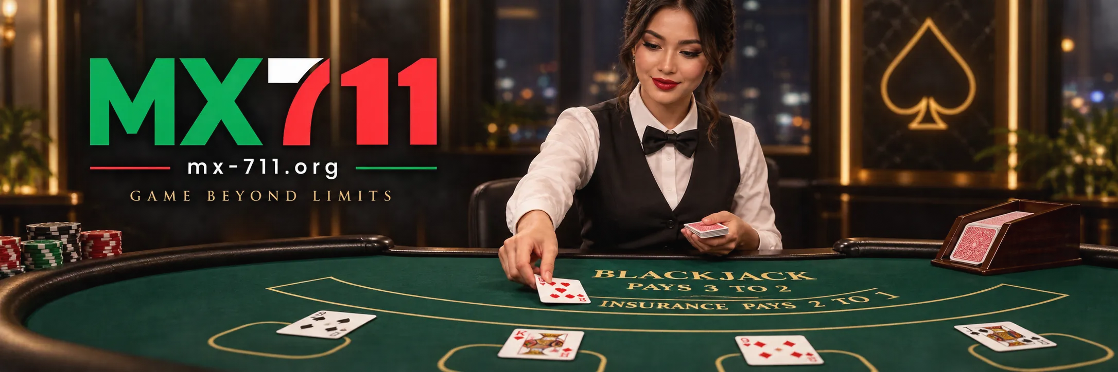 Mesa de blackjack en vivo con crupier y distribución de cartas