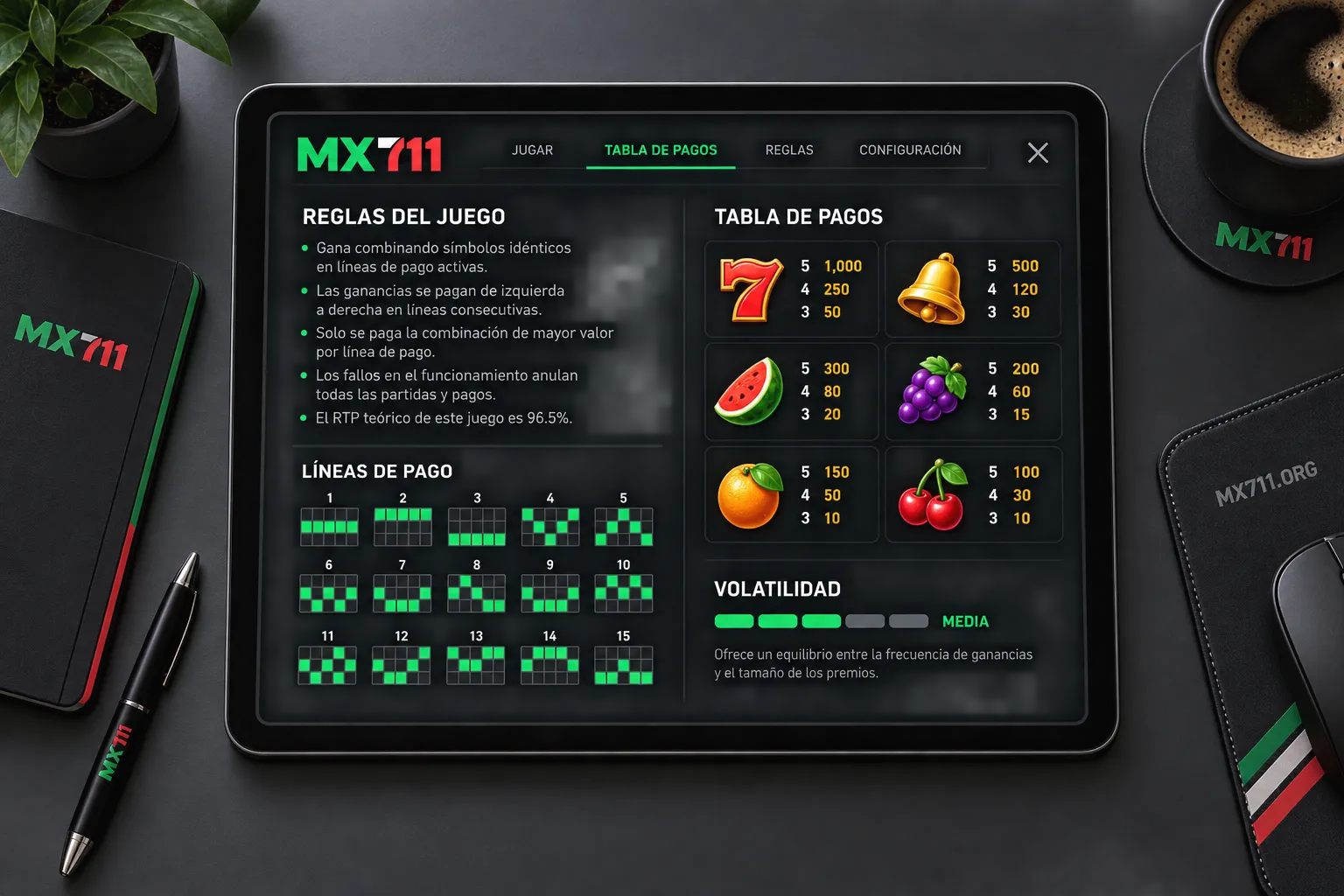 Menú técnico con tabla de pagos y líneas de juego en un título de tragamonedas