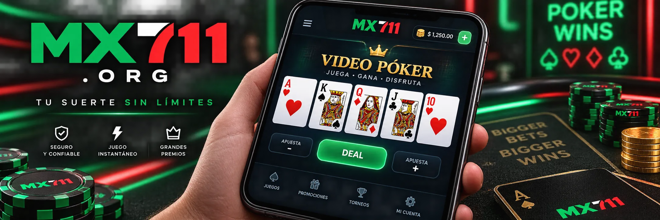 Pantalla de smartphone con partida de video póker en mx-711.org