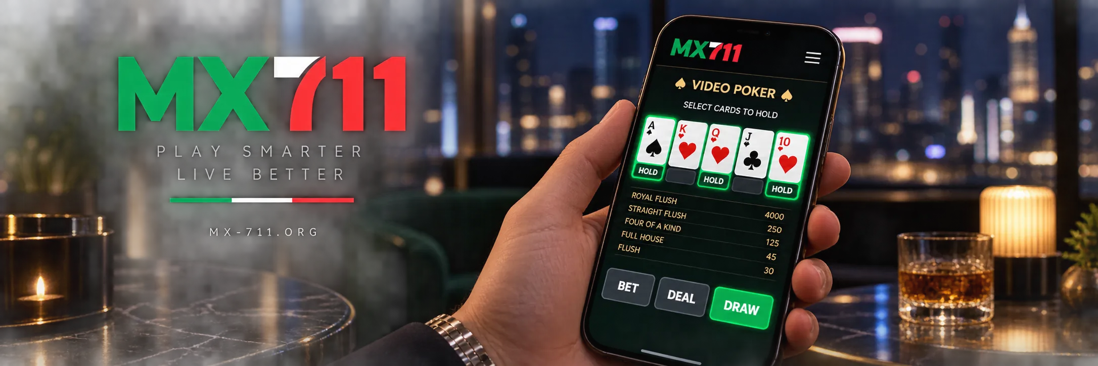 Selección de cartas y descarte en pantalla de video póker móvil