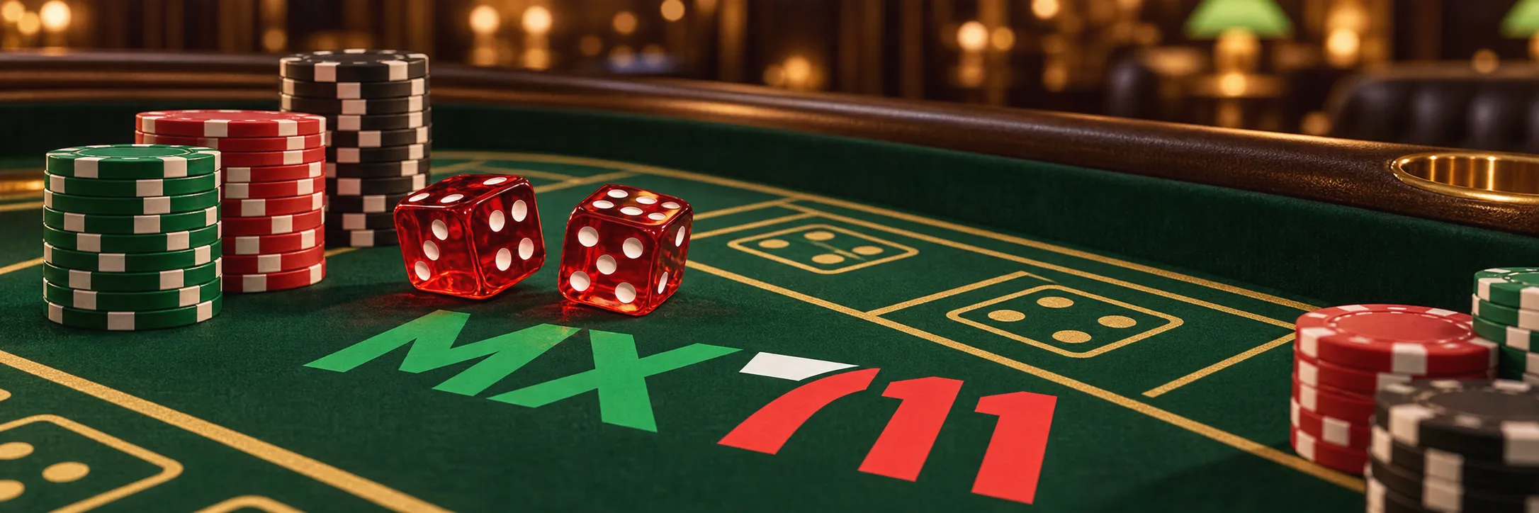 Mesa de dados de casino con tapete y fichas de apuestas