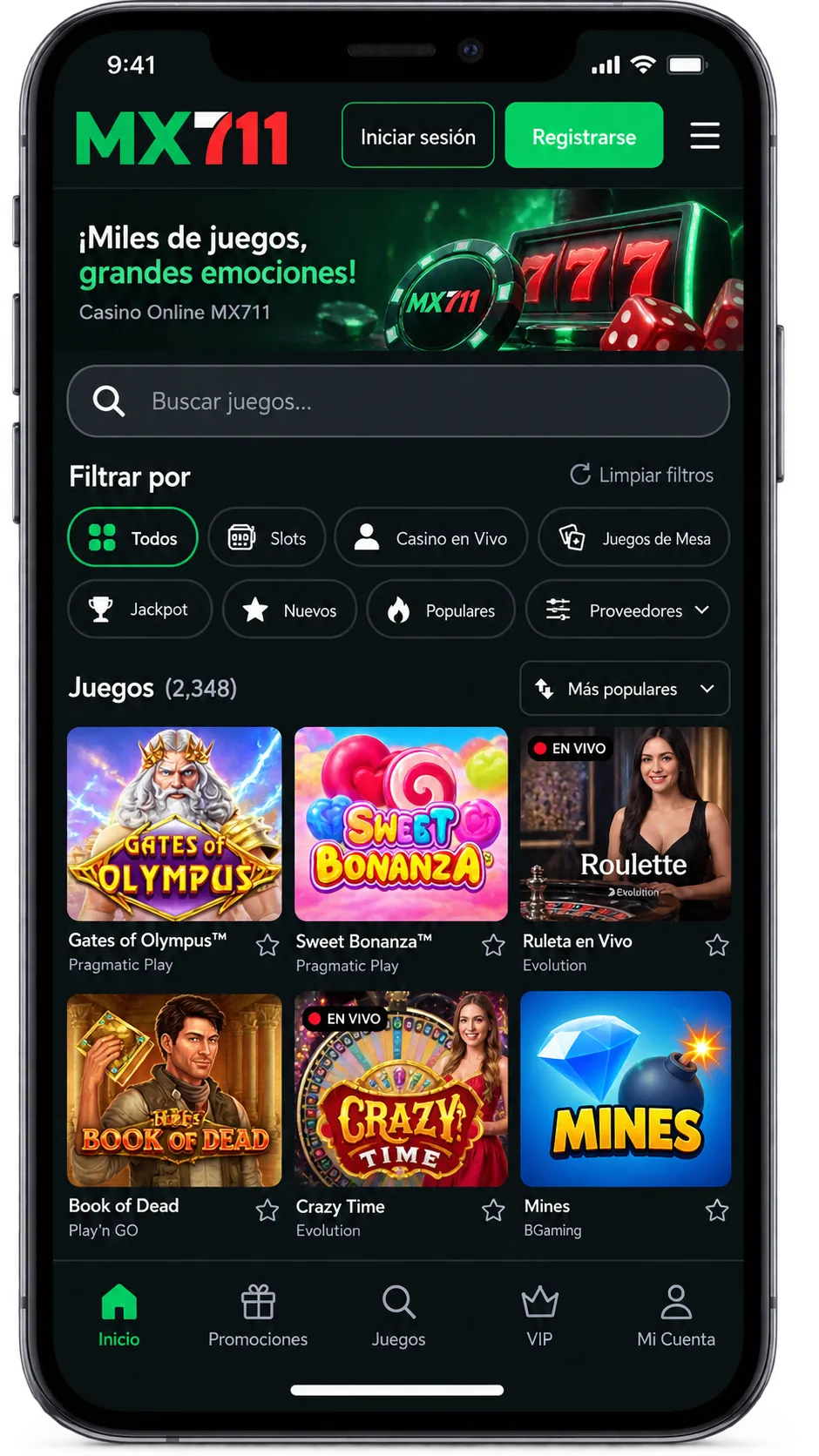 Filtros de búsqueda y categorías dentro del catálogo de casino online