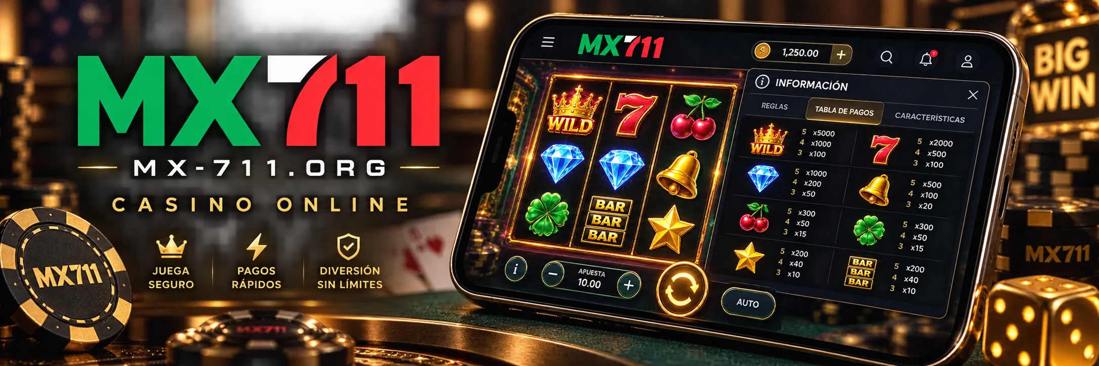 Menú de información y tabla de pagos en un juego de casino móvil de mx-711.org