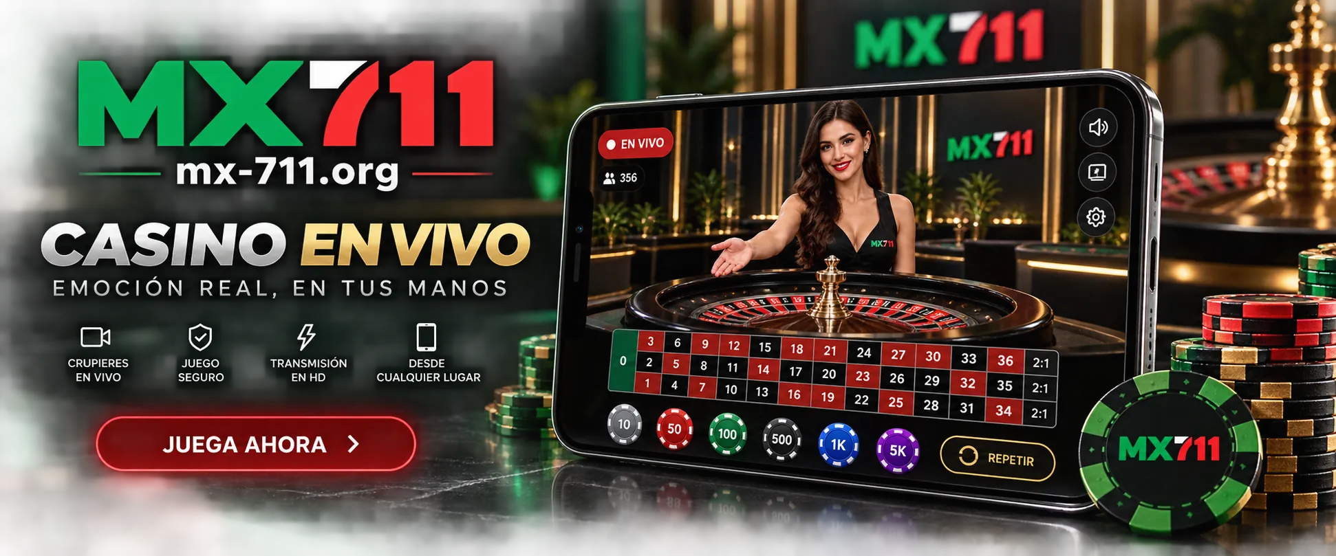 Interfaz de mesa de ruleta de casino en vivo en dispositivo móvil