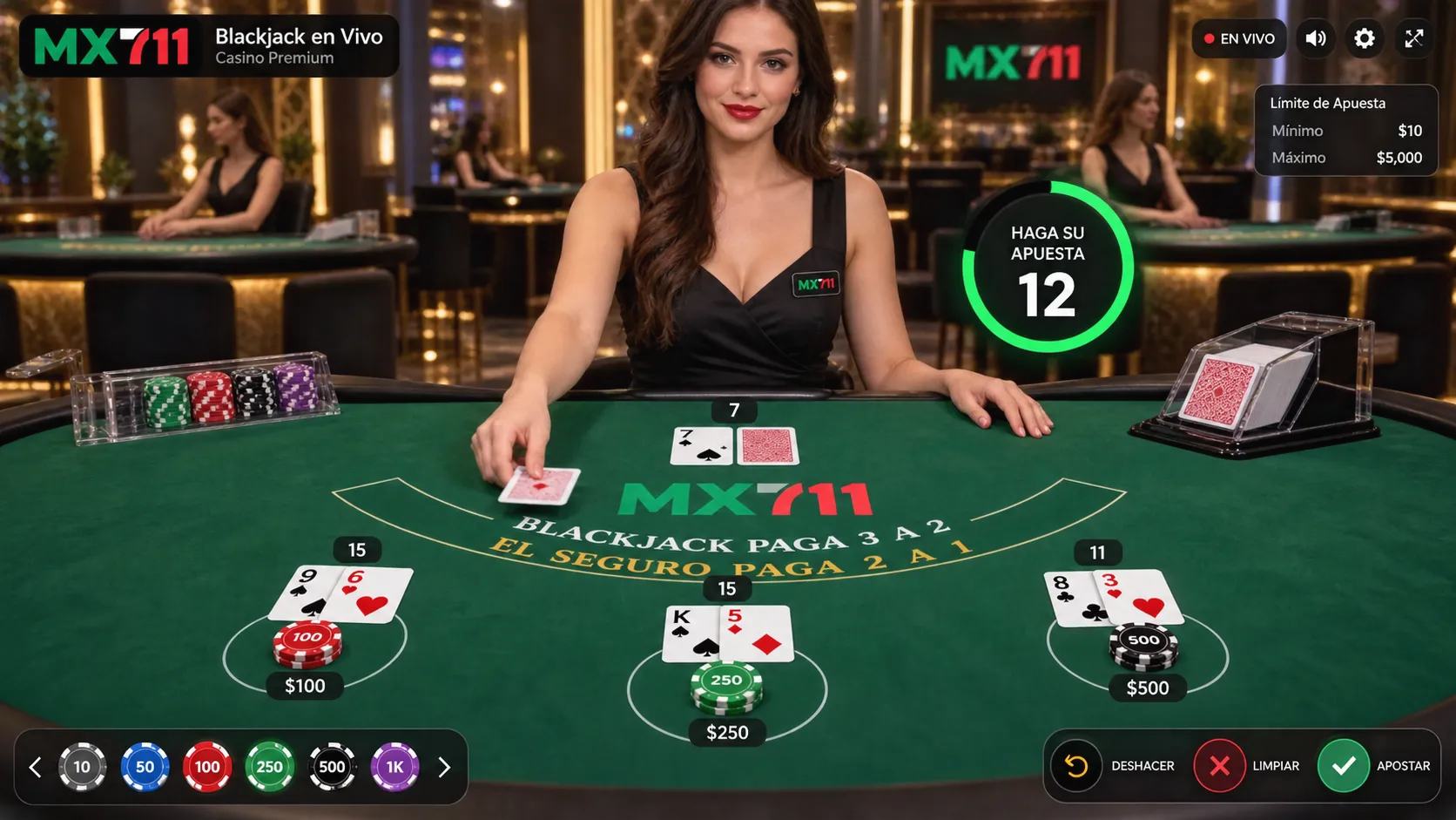 Panel de control y apuestas en mesa de blackjack en vivo
