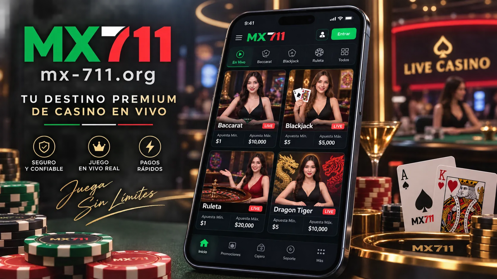 Vestíbulo de juegos en mx-711.org mostrando límites de apuesta por mesa