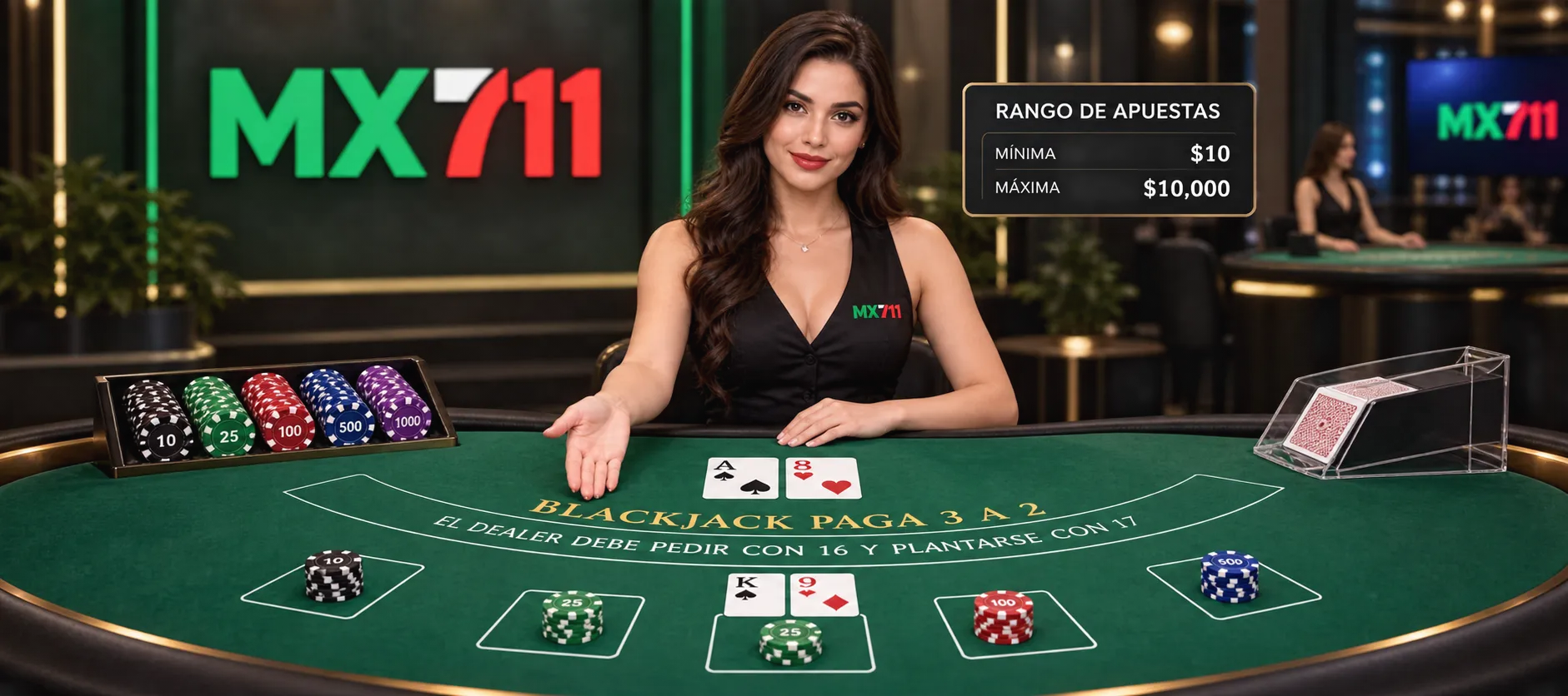 Detalle de los límites de apuesta sobre el tapete de blackjack en mx-711.org