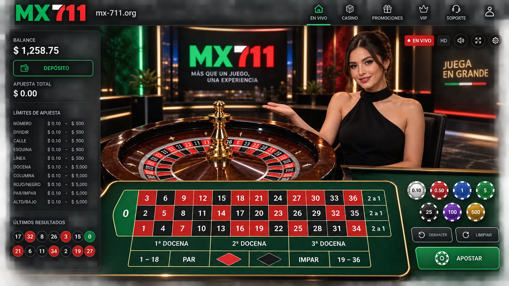 Interfaz de ruleta con panel de límites de apuesta en mx-711.org