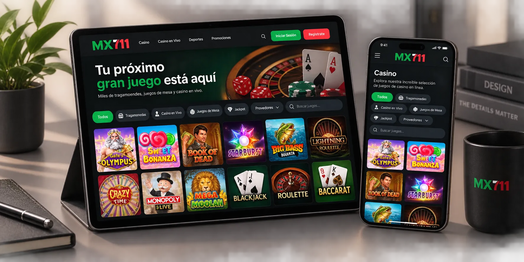 Selección de juegos y filtros de catálogo de tragamonedas en pantalla digital